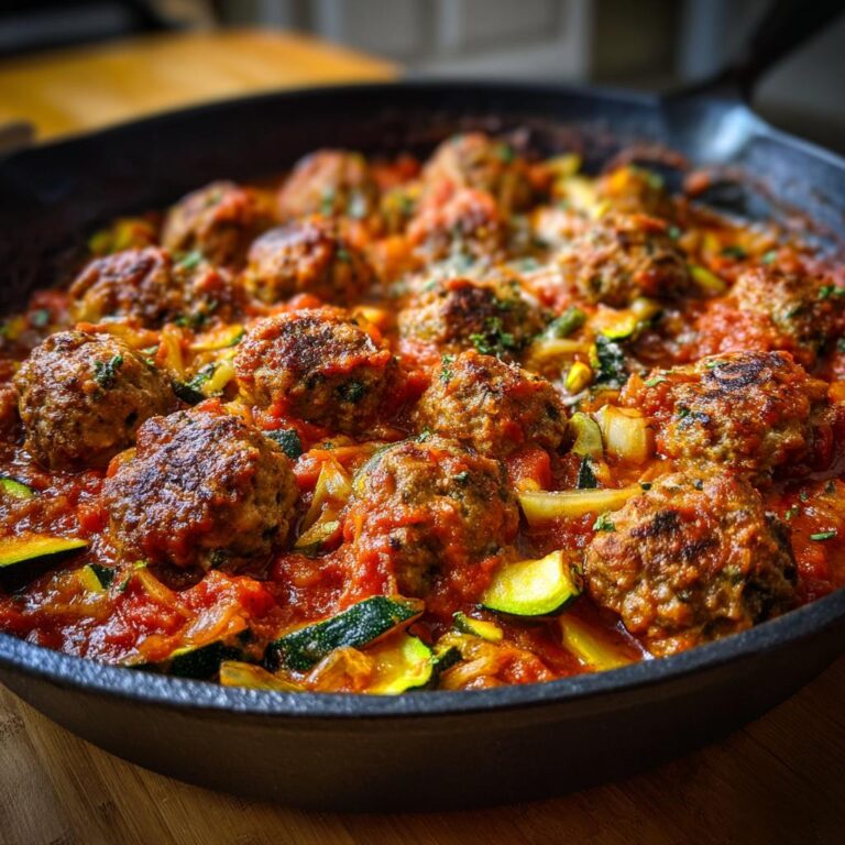 Hackbällchen-Pfanne mit Zucchini und Tomaten in einer gusseisernen Pfanne serviert.