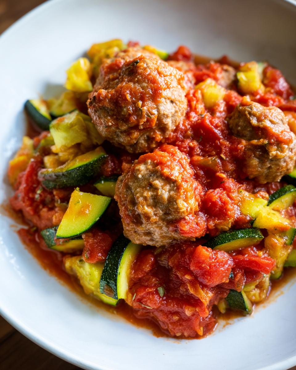 Close-up of Hackbällchen-Pfanne mit Zucchini und Tomaten, a German meatball dish with zucchini and tomatoes.
