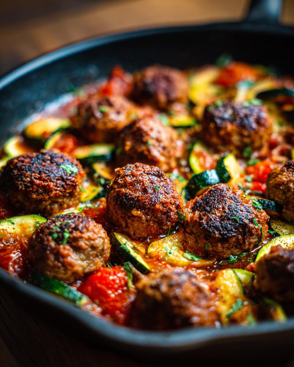 Close-up of Hackbällchen-Pfanne mit Zucchini und Tomaten in a pan, featuring meatballs, zucchini, and tomatoes.