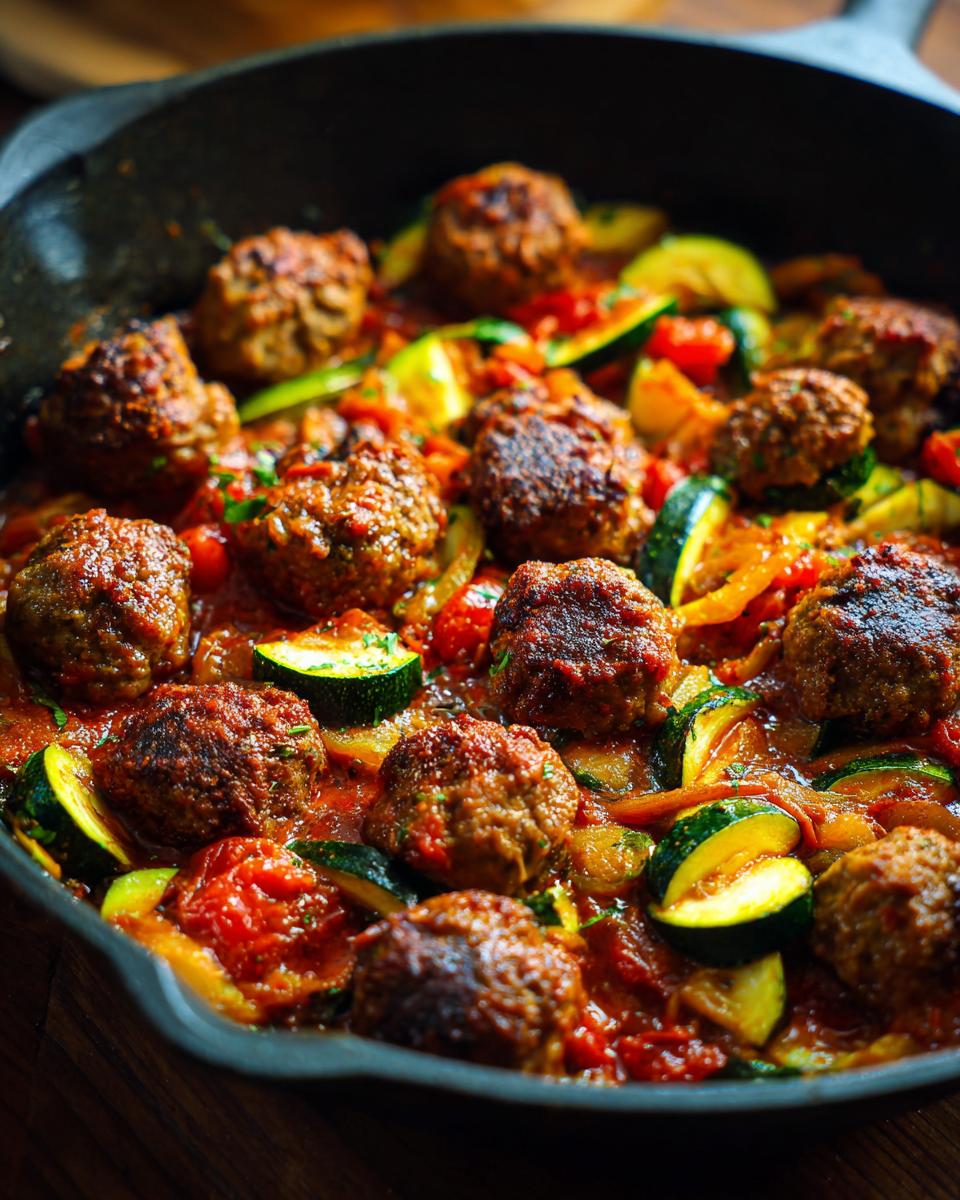 Close-up of Hackbällchen-Pfanne mit Zucchini und Tomaten in a skillet, showing meatballs and vegetables.