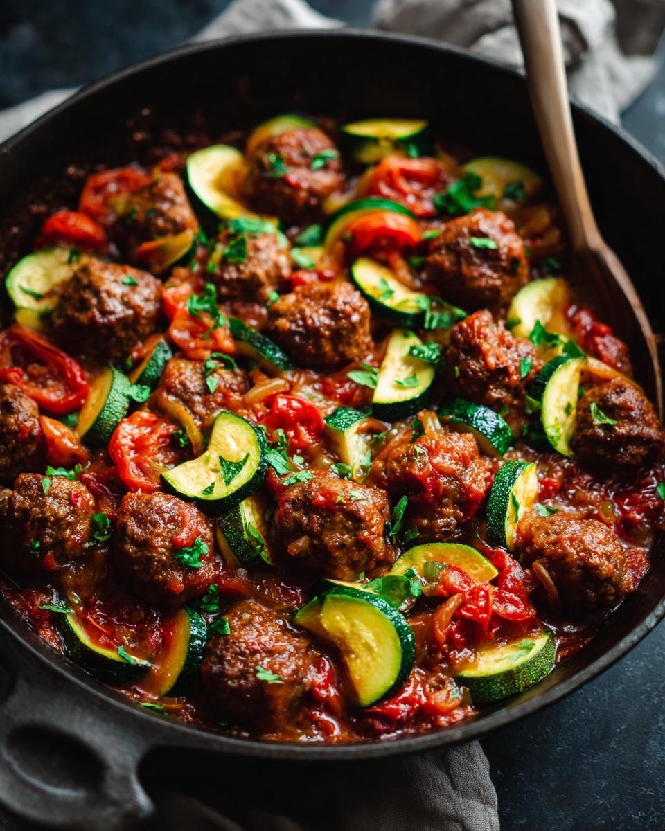 Hackbällchen-Pfanne mit Zucchini und Tomaten in einer Pfanne, garniert mit Petersilie.