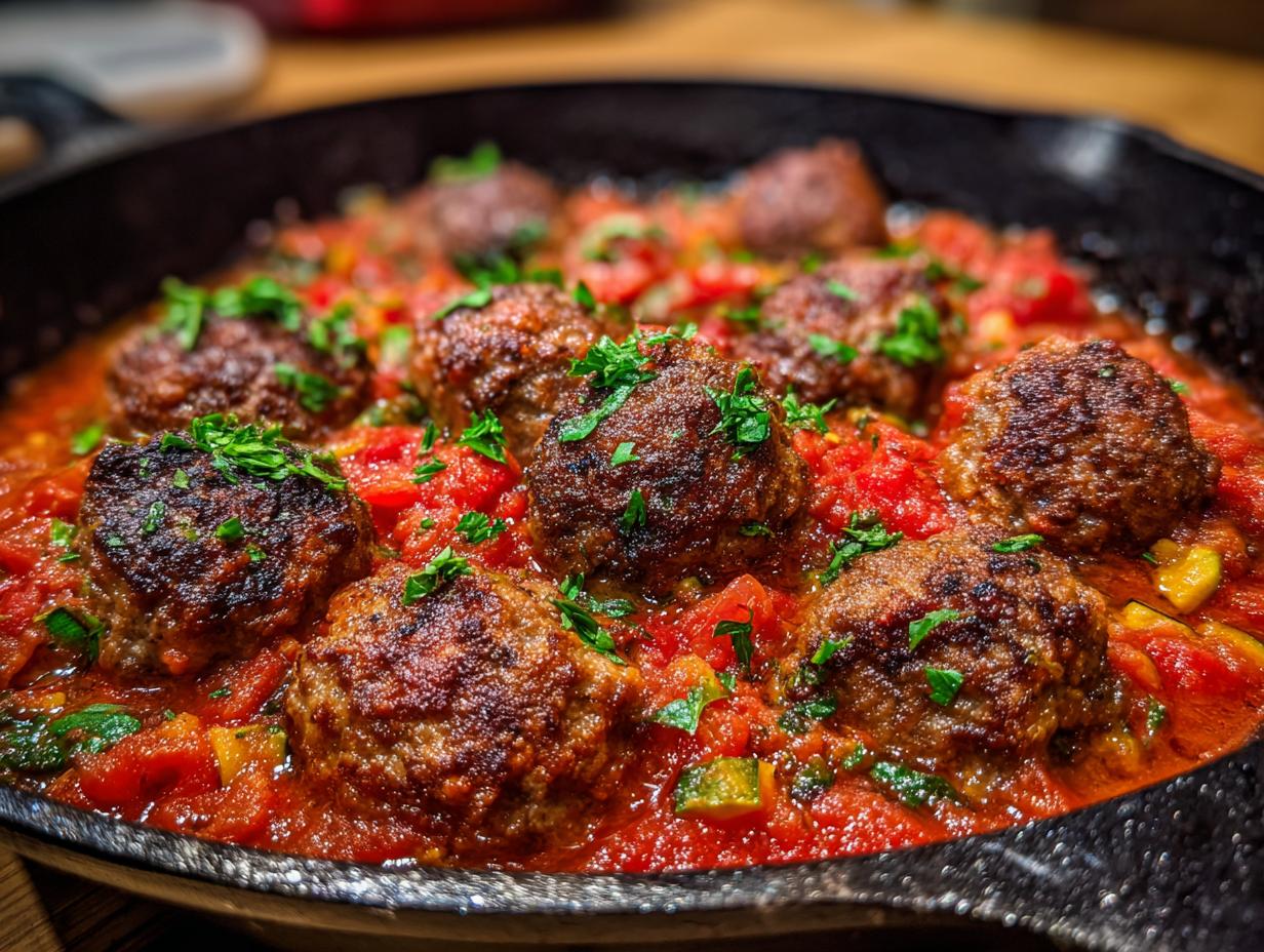 Close-up of Hackbällchen-Pfanne mit Zucchini und Tomaten, garnished with fresh parsley.