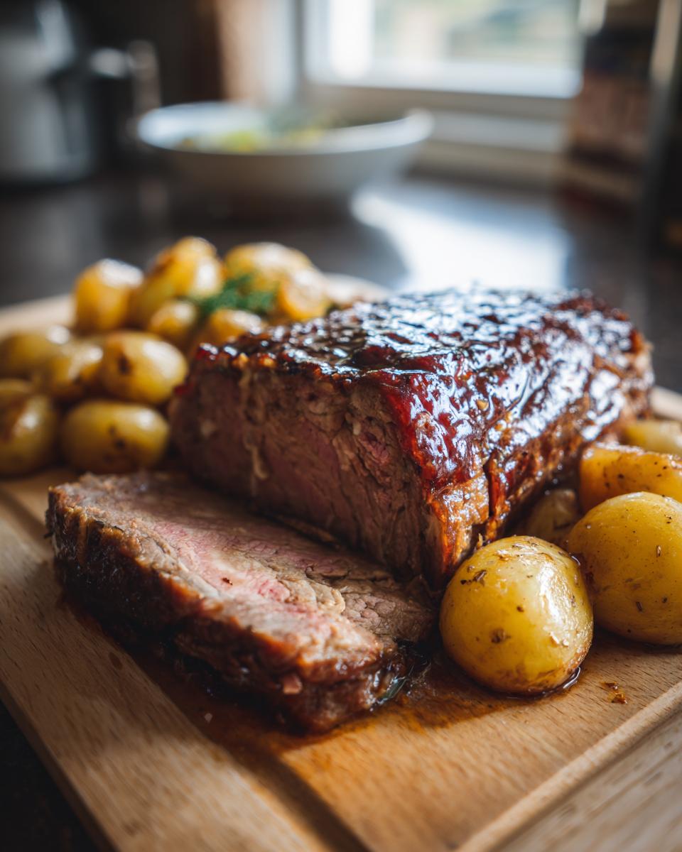 Close-up of Hackbraten mit Kartoffeln in Sahne, featuring sliced meatloaf and potatoes on a wooden board.