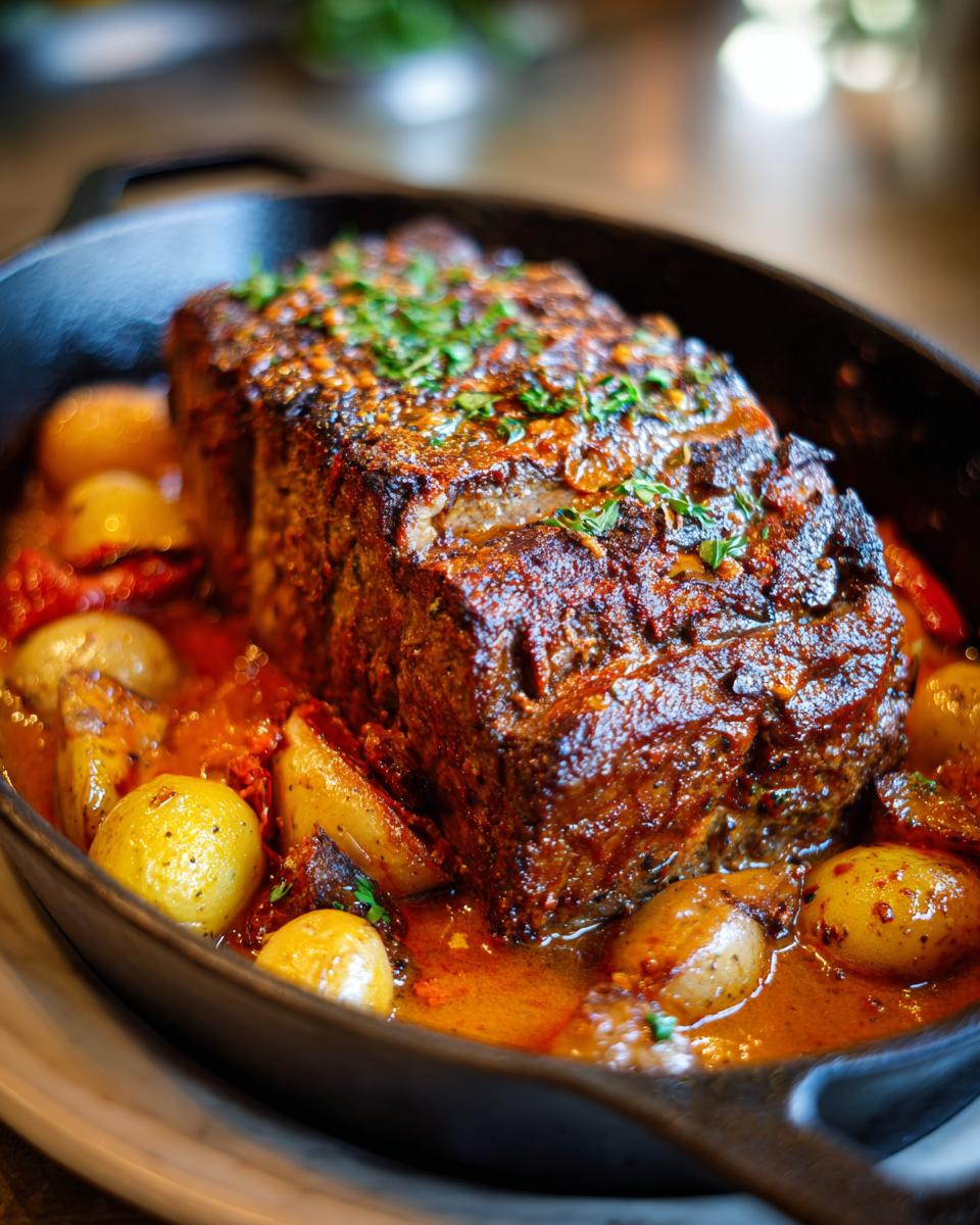 Close-up of Hackbraten mit Kartoffeln in Sahne, featuring a meatloaf with potatoes and creamy sauce.