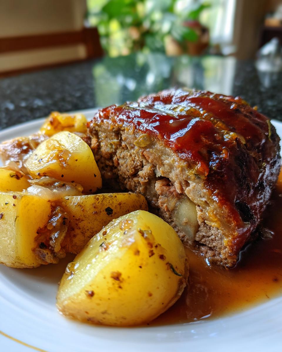 Close-up of Hackbraten mit Kartoffeln in Sahne, showing the meatloaf with potatoes and creamy sauce on a plate.