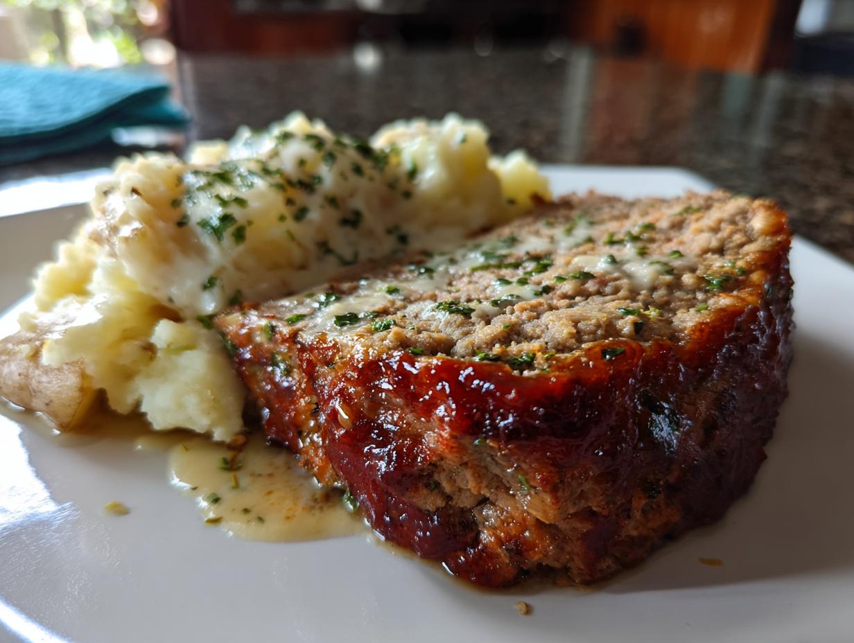 Close-up of Hackbraten mit Kartoffeln in Sahne, showing a slice of meatloaf with mashed potatoes and gravy.