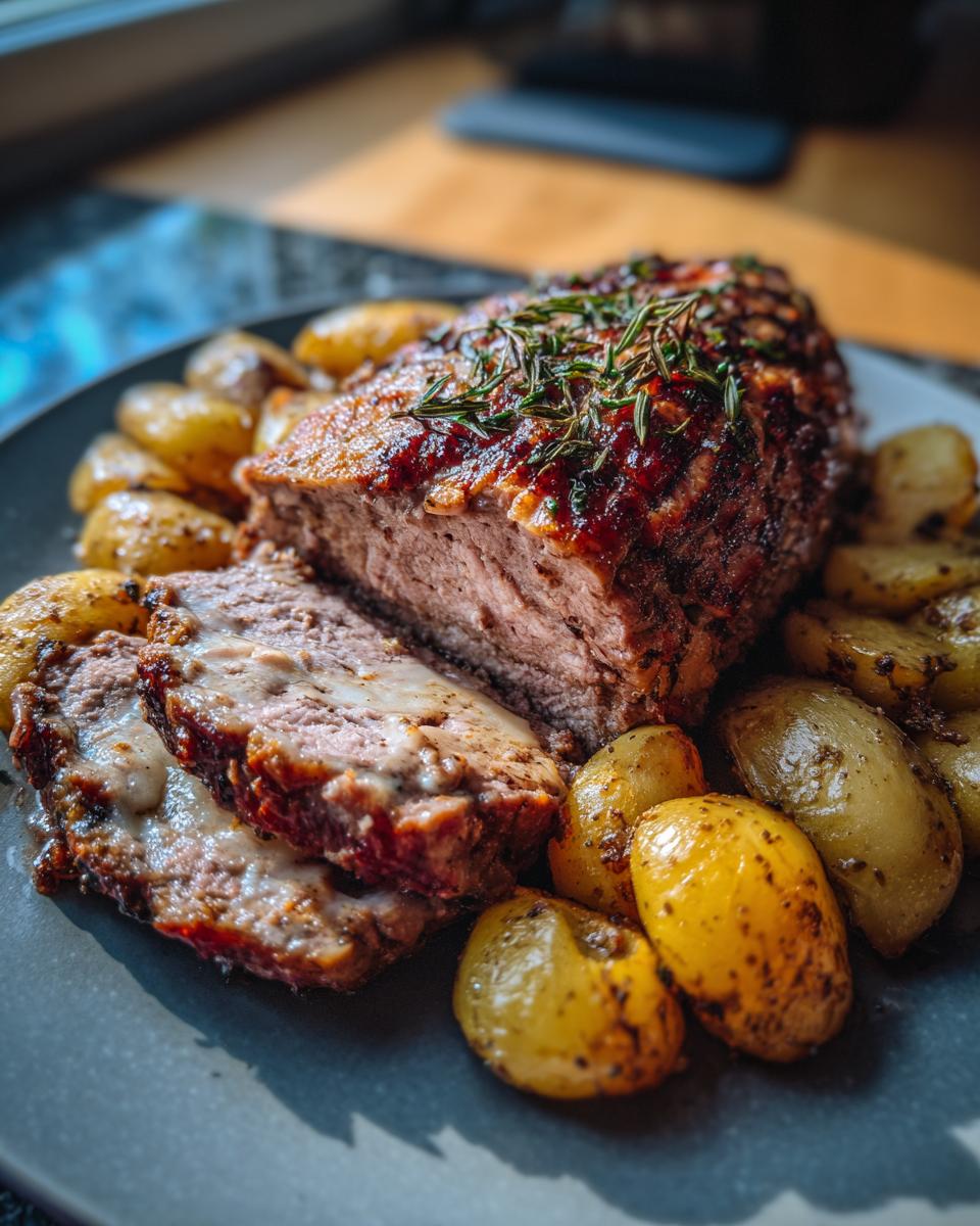 Close-up of Hackbraten mit Kartoffeln in Sahne, garnished with rosemary, on a plate.