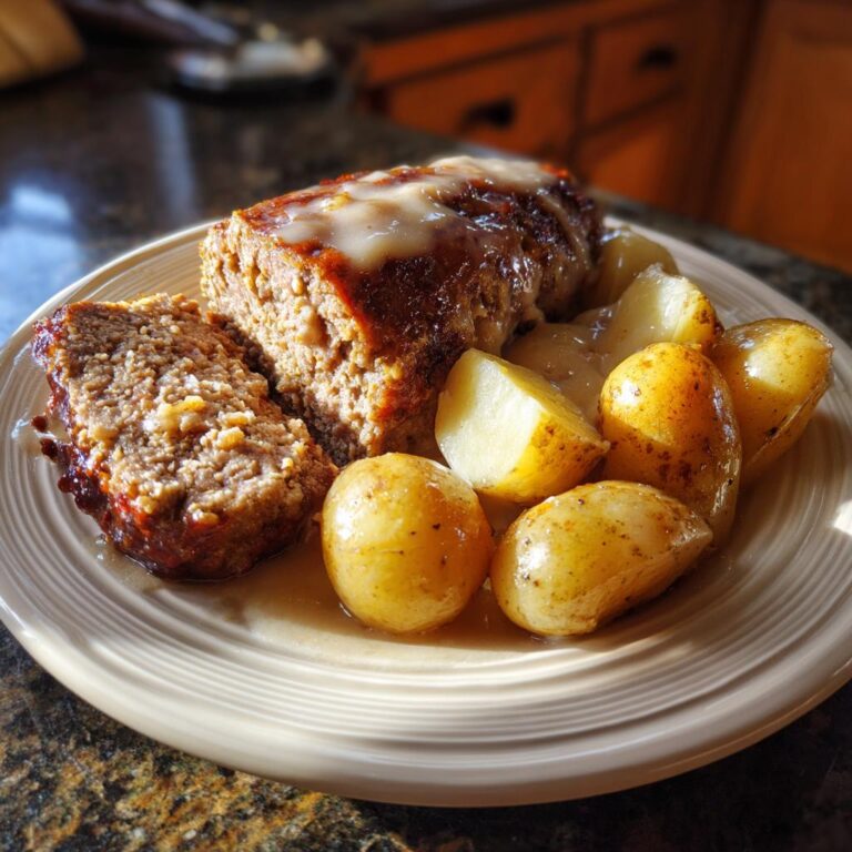 A plate of Hackbraten mit Kartoffeln in Sahne, featuring sliced meatloaf and potatoes in cream sauce.