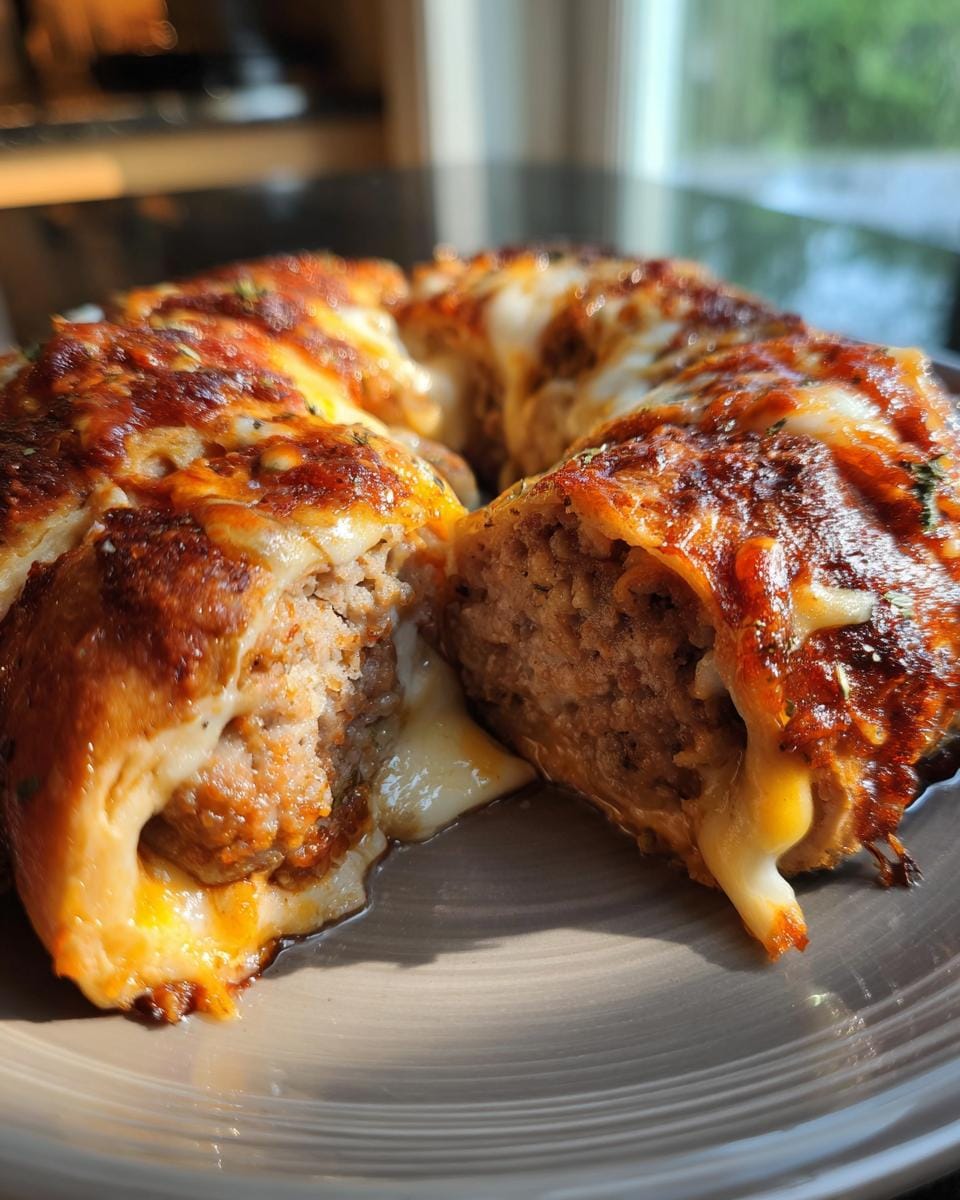 Innenansicht einer saftigen Hackfleisch-Käse-Rolle, die den geschmolzenen Käse und die Füllung zeigt.