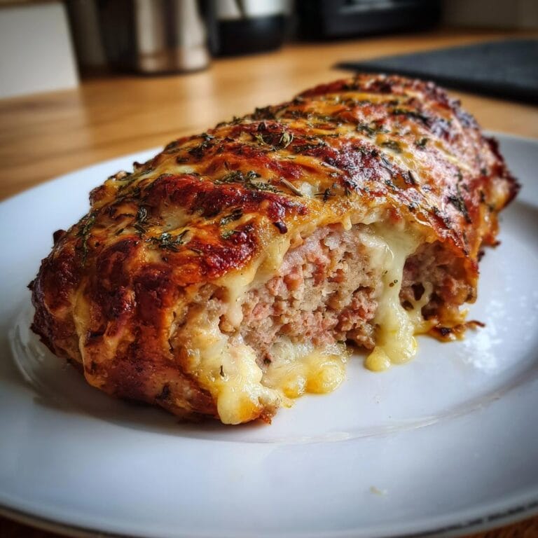 Close-up of Hackfleisch-Käse-Rolle with melted cheese oozing out, showcasing its juicy interior.