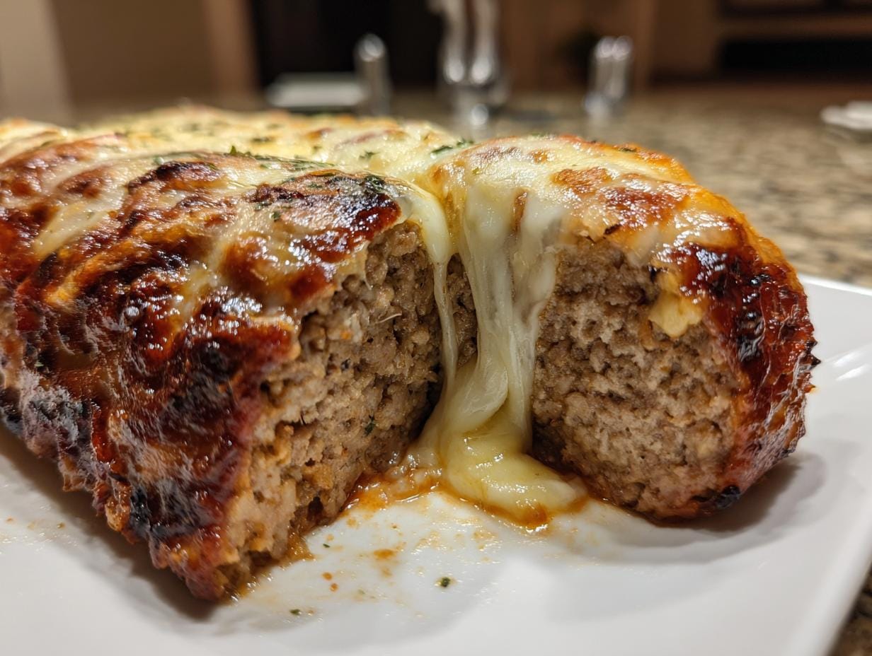 Nahaufnahme einer Scheibe Hackfleisch-Käse-Rolle, mit geschmolzenem Käse, auf einem Teller.