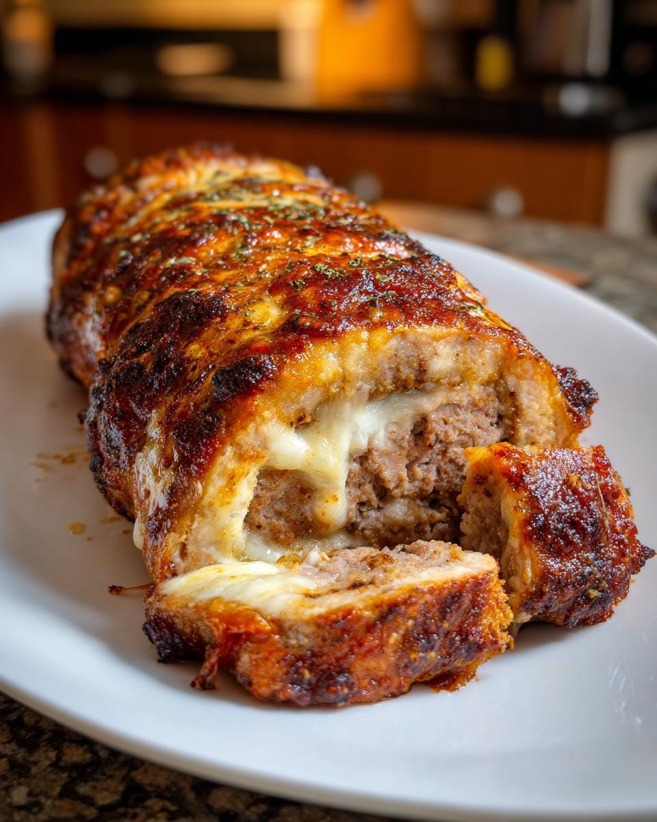 Close-up of a sliced Hackfleisch-Käse-Rolle, showcasing the cheesy filling and crispy exterior.