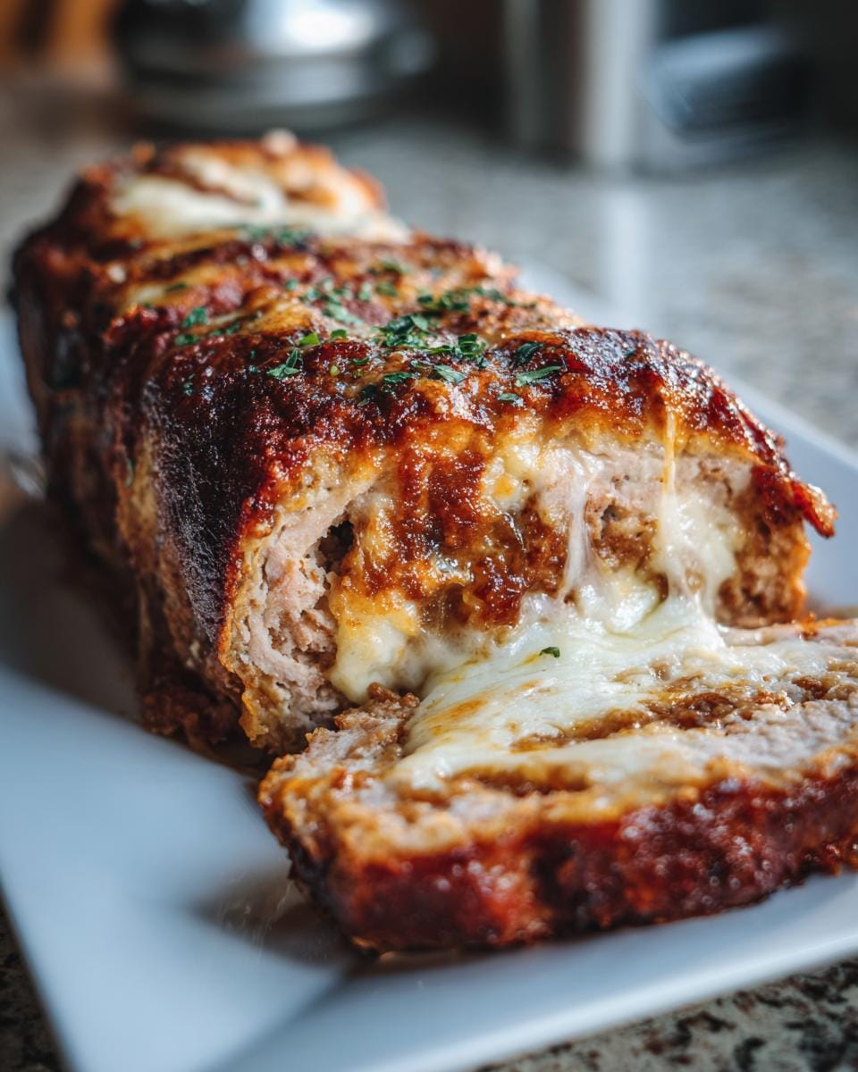 Delicious Hackfleisch-Käse-Rolle (meat and cheese roll) with melted cheese oozing out, garnished with herbs.