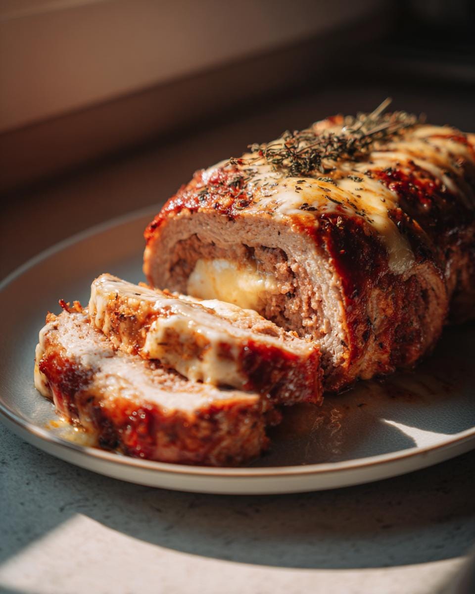 Sliced Hackfleisch-Käse-Rolle (meat and cheese roll) on a plate, showcasing the cheesy filling and crispy exterior.