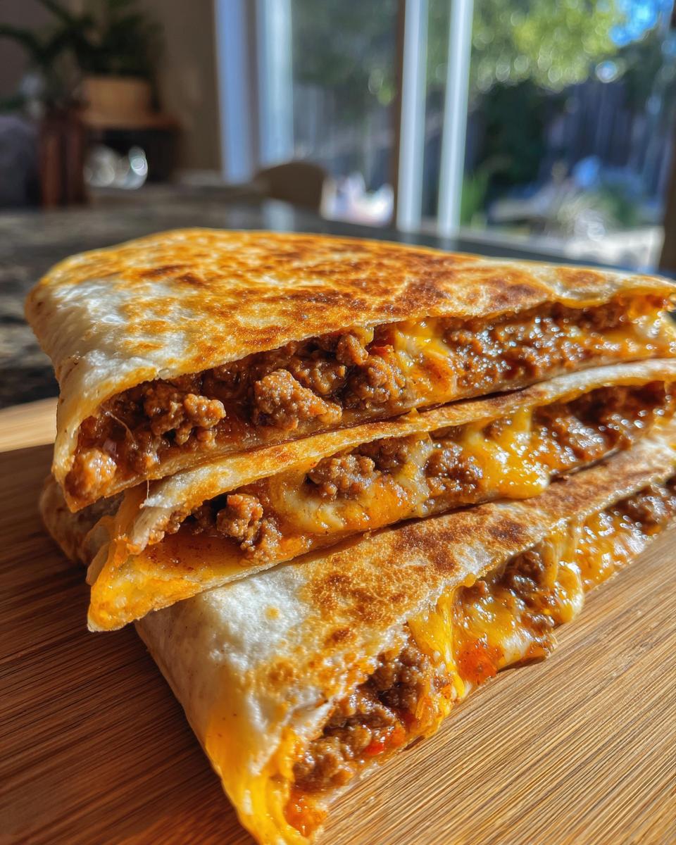 A stack of golden-brown Hackfleisch Quesadillas filled with seasoned ground meat and melted cheese.