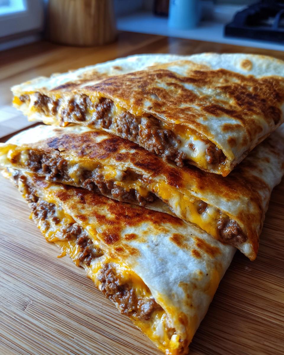 Stacked Hackfleisch Quesadillas with melted cheese and ground meat filling on a wooden board.