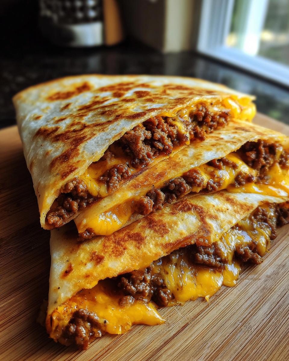 Stack of Hackfleisch Quesadillas filled with ground meat and melted cheese on a wooden board.