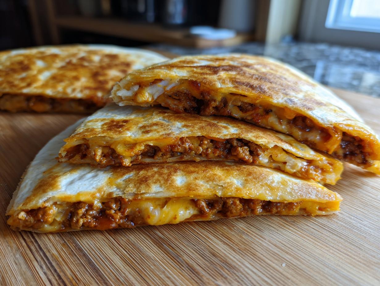 A stack of golden brown Hackfleisch Quesadillas filled with seasoned ground meat and melted cheese.