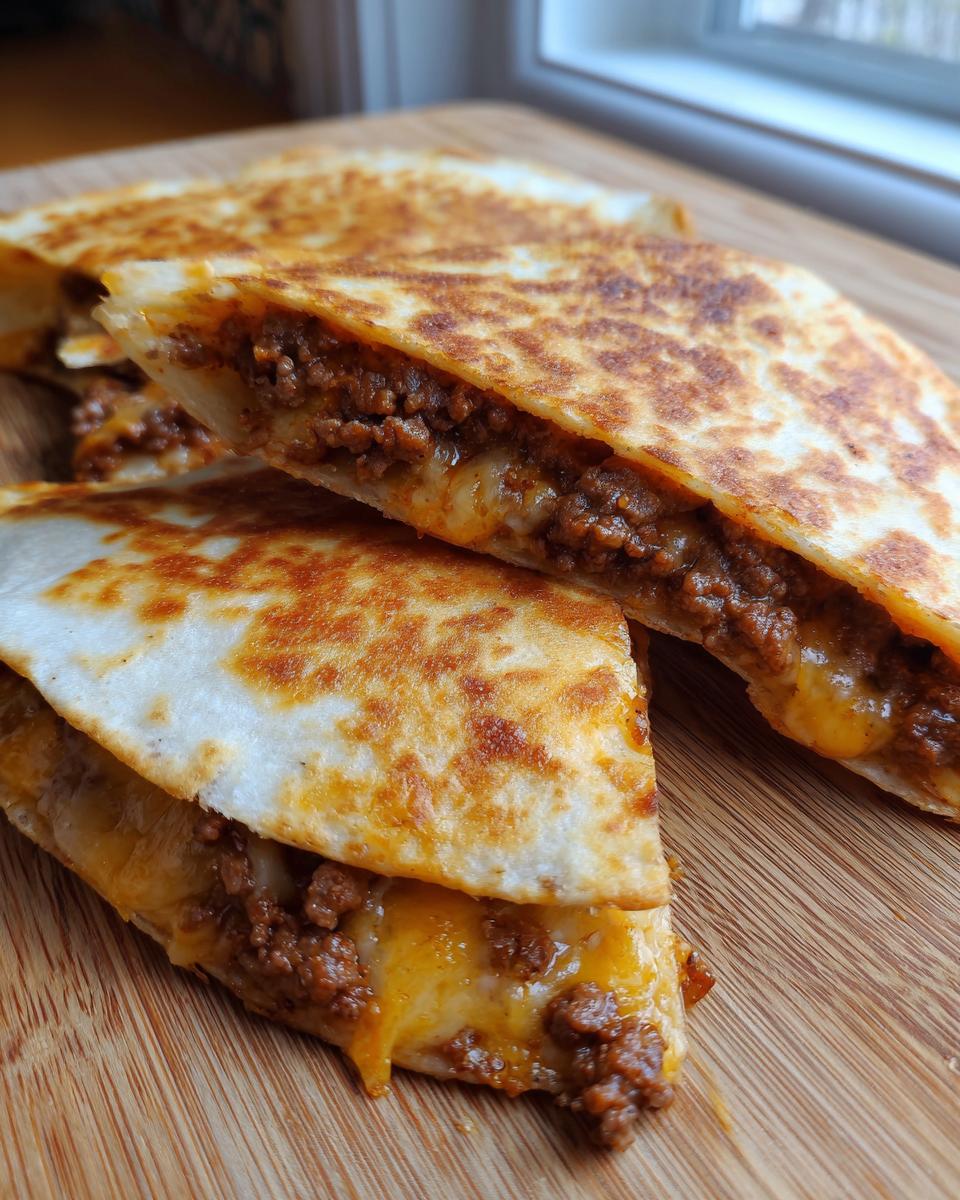 Close-up of Hackfleisch Quesadillas with melted cheese and ground meat filling on a wooden board.