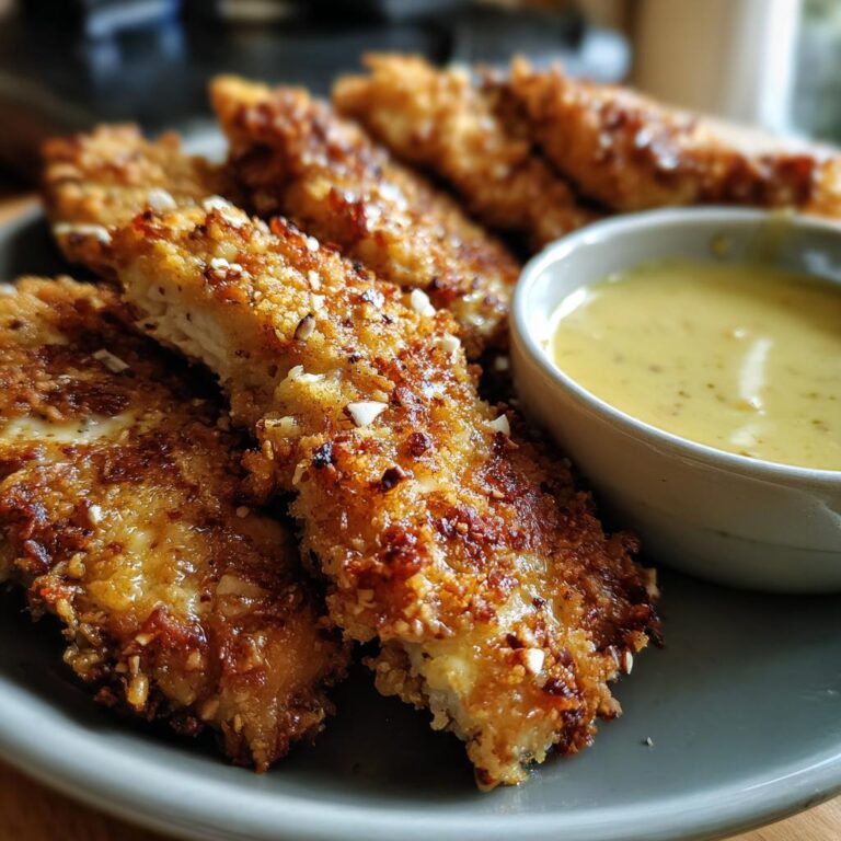 Close-up of Hähnchen mit Brezelkruste und Honig-Senf-Sauce served with dipping sauce.