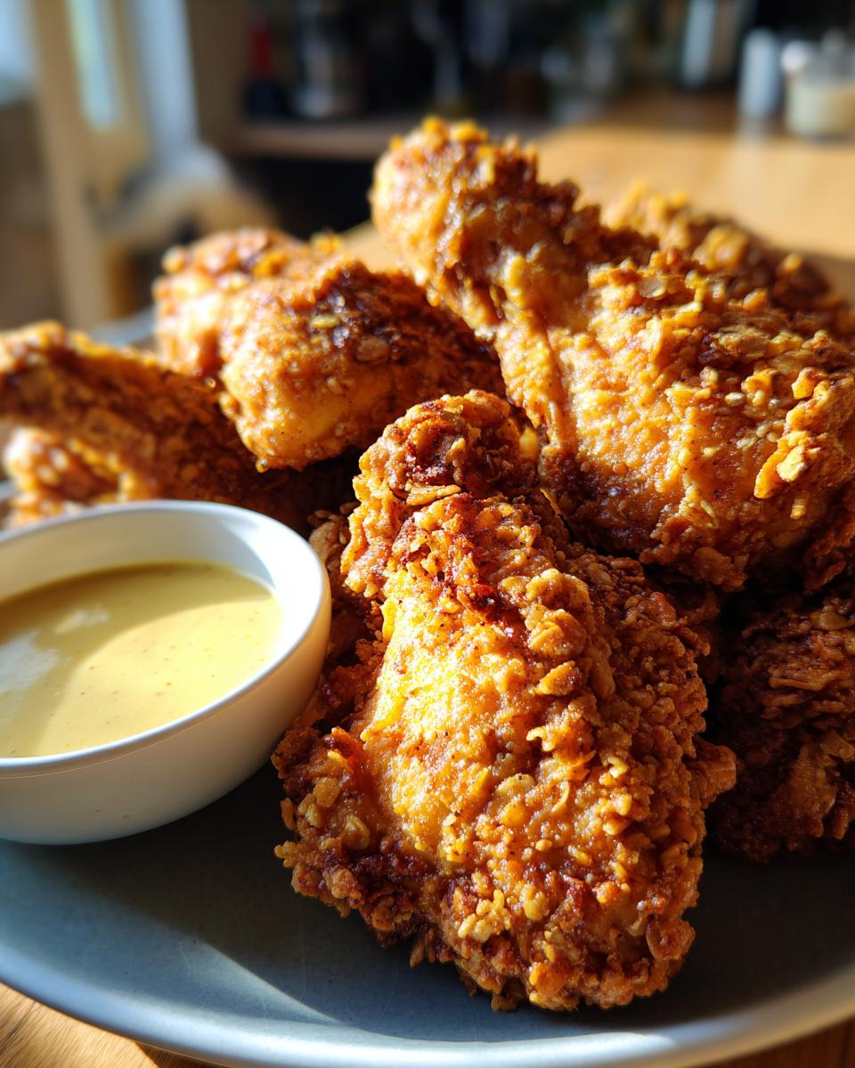 Close-up of Hähnchen mit Brezelkruste und Honig-Senf-Sauce (chicken with pretzel crust and honey mustard sauce) on a plate.