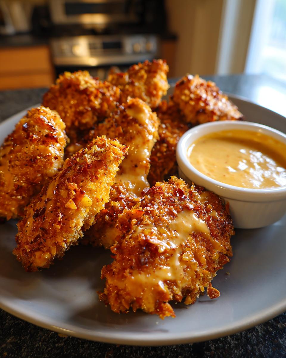 Delicious Hähnchen mit Brezelkruste und Honig-Senf-Sauce served on a plate with a side of dipping sauce.