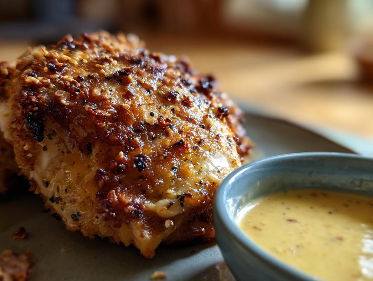 Close-up of Hähnchen mit Brezelkruste und Honig-Senf-Sauce, featuring a pretzel-crusted chicken and honey-mustard sauce.