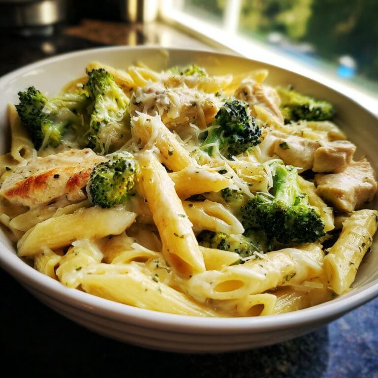 Close-up of Hähnchen-Brokkoli-Pasta, a simple recipe with penne, chicken, broccoli, and creamy sauce.