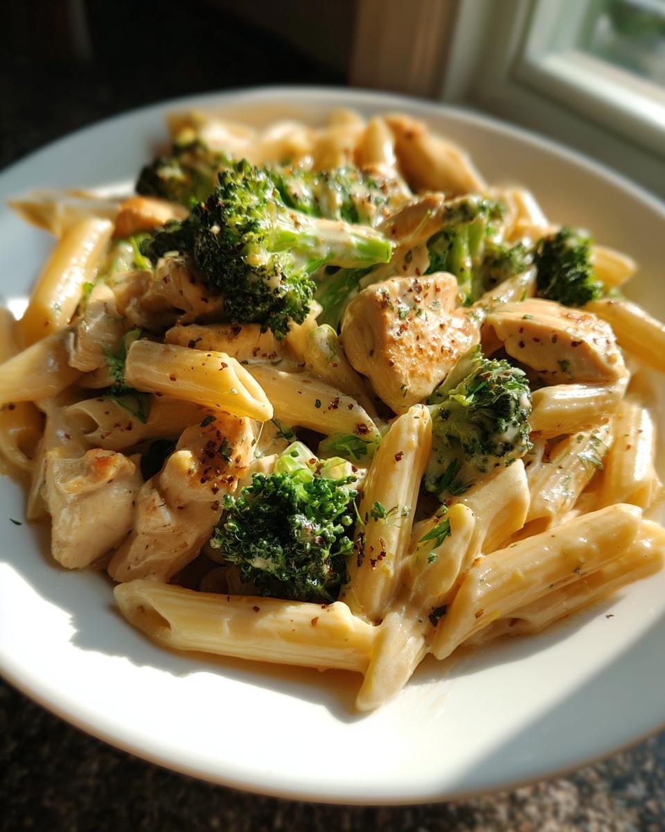 Close-up of Hähnchen-Brokkoli-Pasta, ein einfaches Rezept, served on a white plate with sunlight.