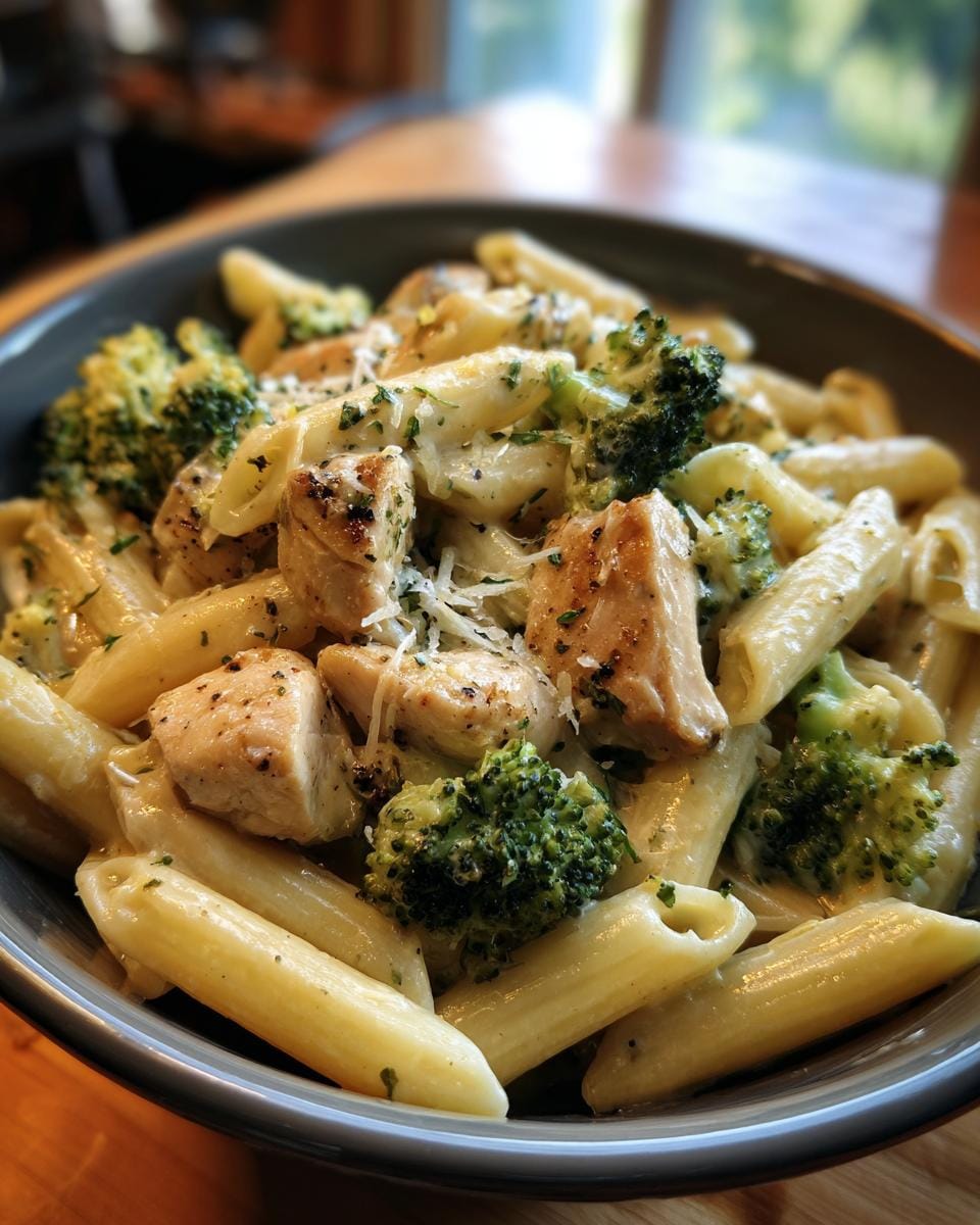 Nahaufnahme von Hähnchen-Brokkoli-Pasta in einer Schüssel, garniert mit Käse und Kräutern.