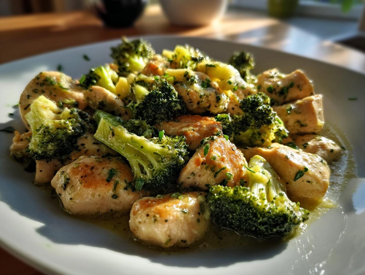 Teller mit Hähnchen und Brokkoli, schnell und gesund zu Abend essen.