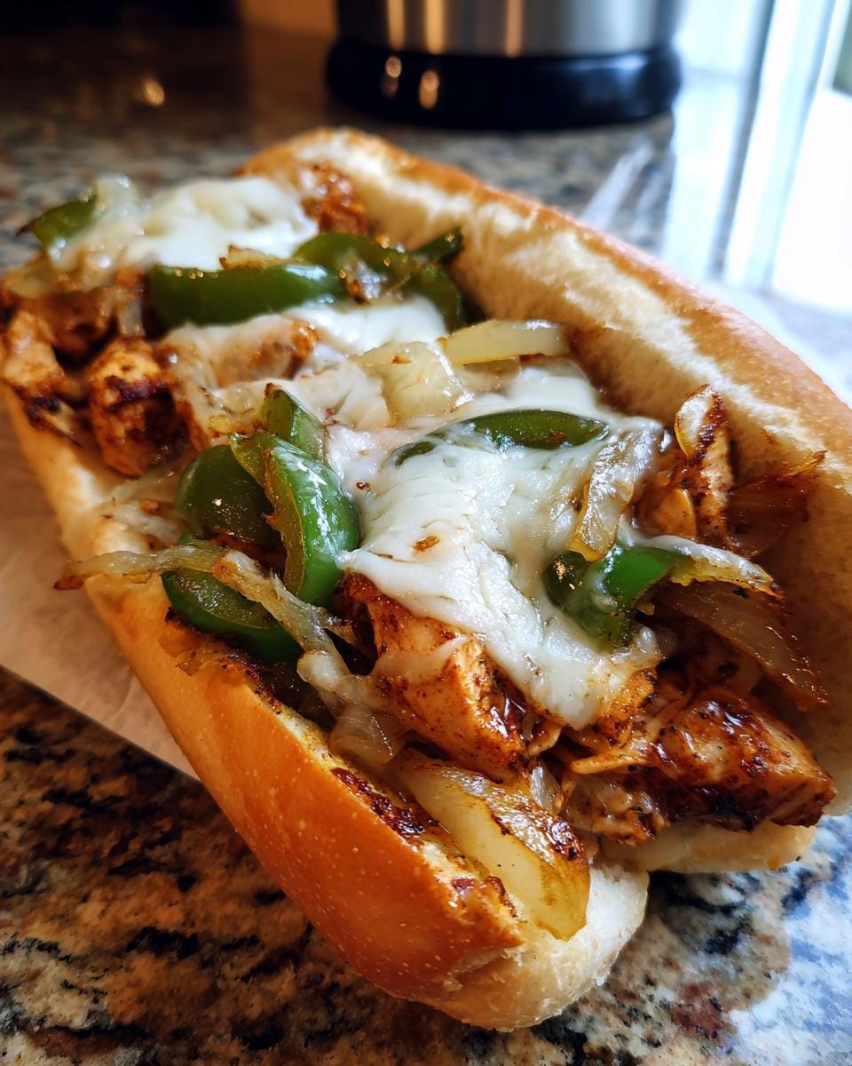 Close-up of a Hähnchen Cheesesteak with melted cheese, peppers, and onions in a toasted roll.