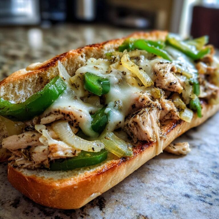 Close-up of a Hähnchen Cheesesteak with chicken, cheese, onions, and green peppers on a toasted roll.