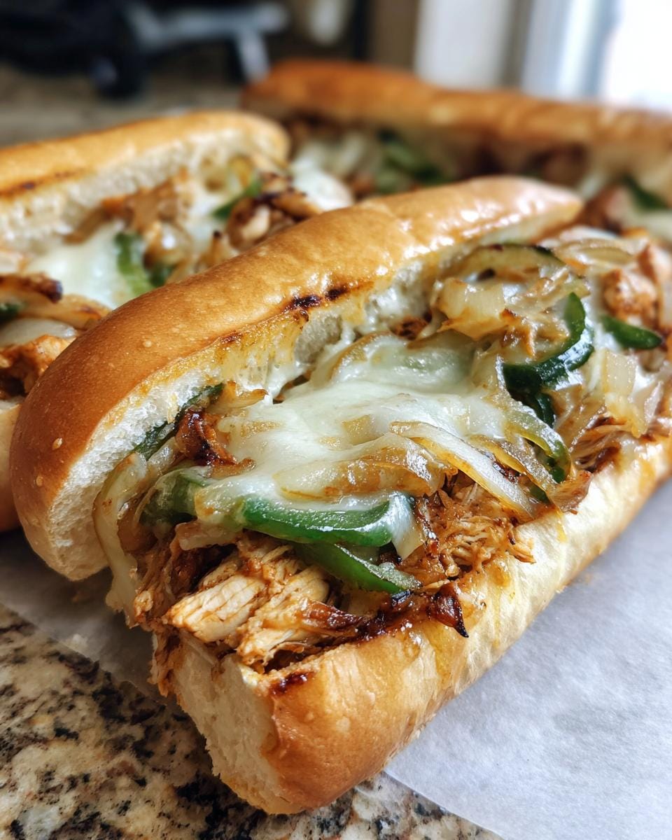 Close-up of Hähnchen Cheesesteaks with melted cheese, onions, and peppers on a toasted roll.