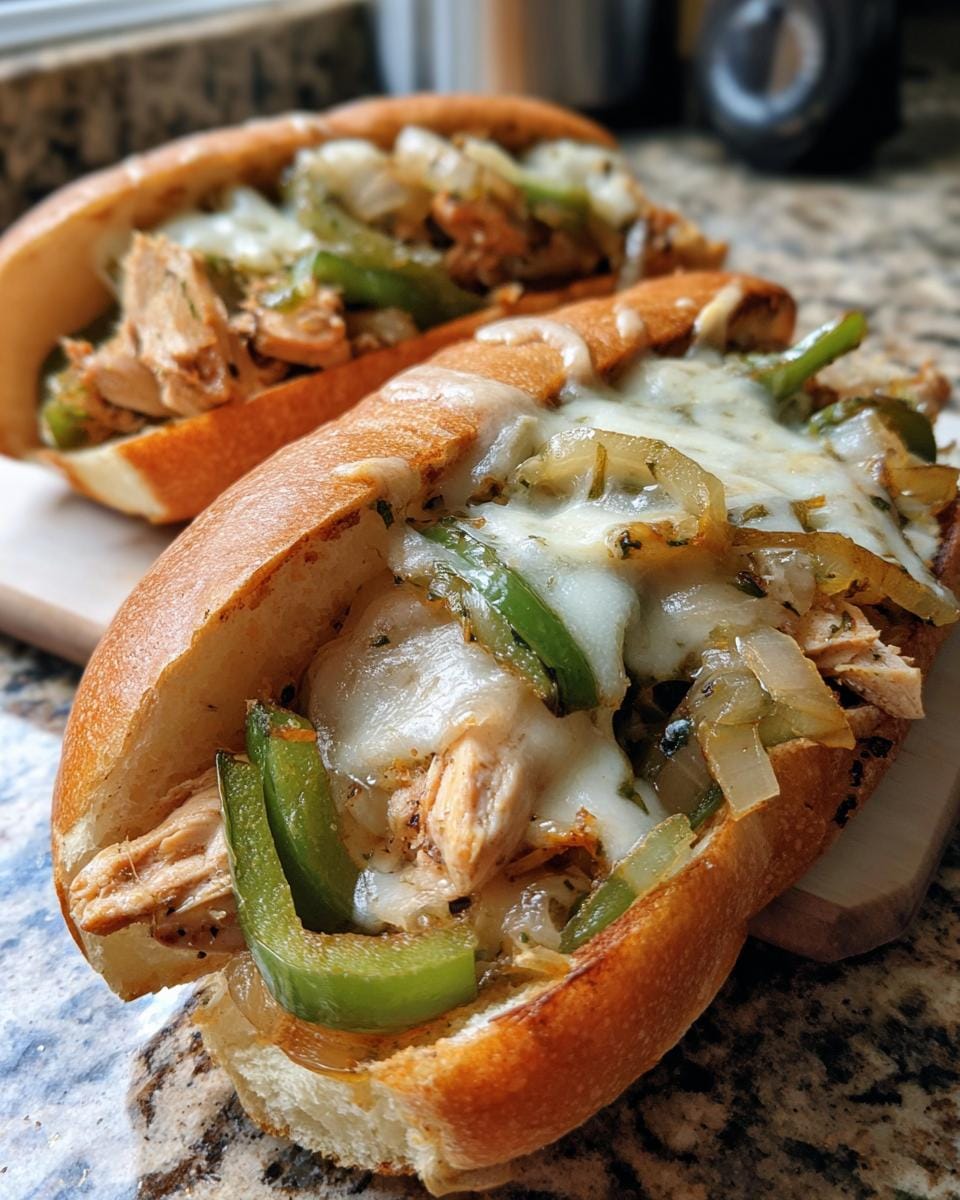 Two Hähnchen Cheesesteaks filled with chicken, peppers, onions, and melted cheese on a wooden board.