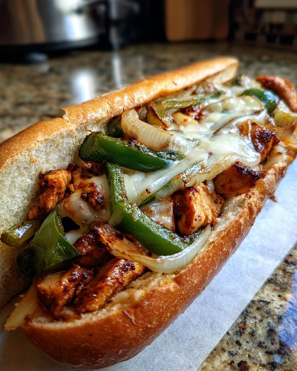 Close-up of a Hähnchen Cheesesteaks sandwich with chicken, peppers, onions, and melted cheese.
