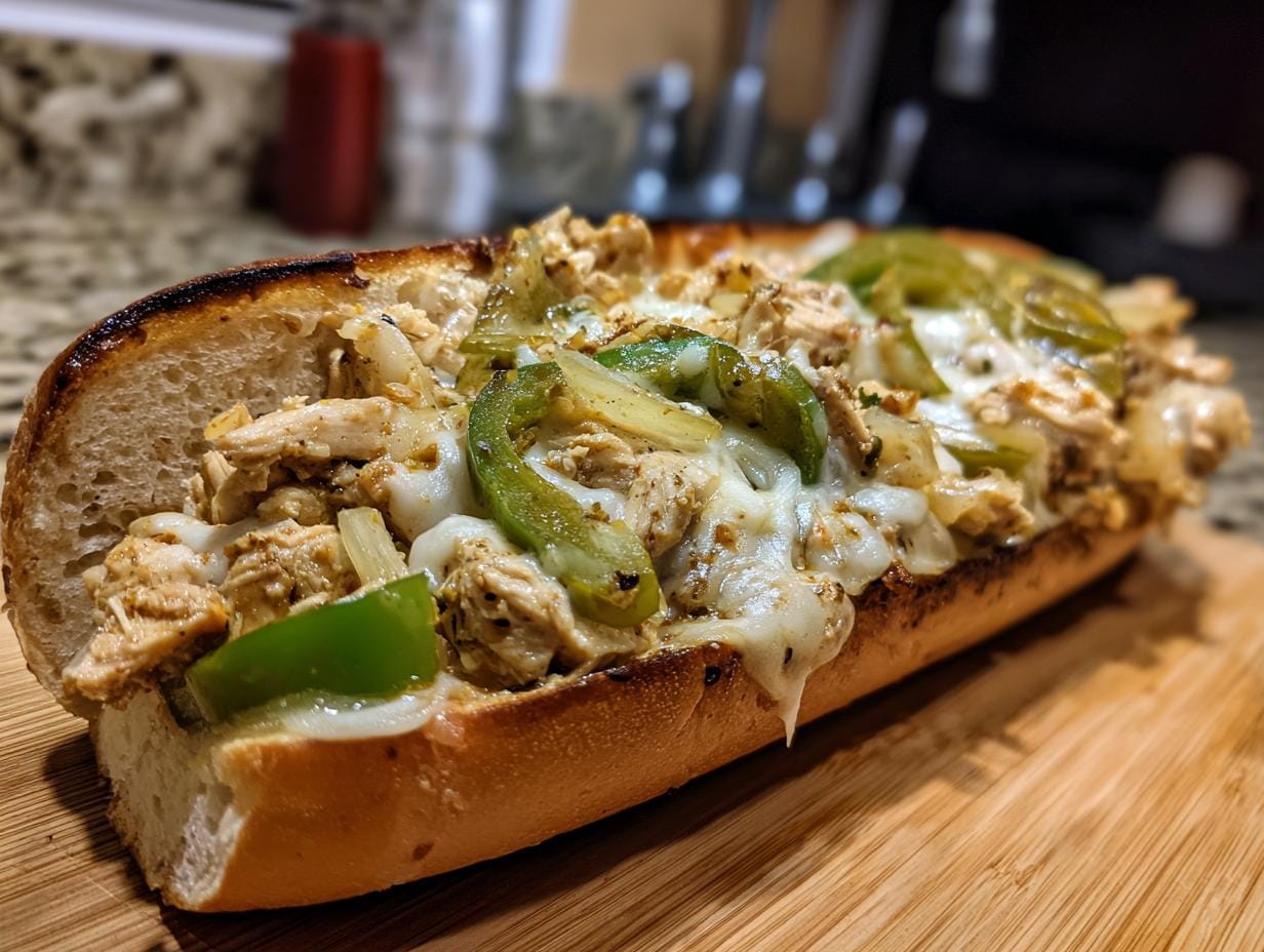 Close-up of a Hähnchen Cheesesteaks sandwich with chicken, cheese, and peppers on a wooden board.