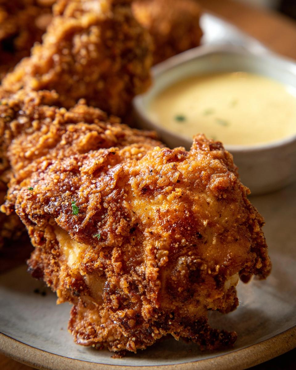 Close-up of golden-brown Hähnchen mit Brezelkruste served with Honig-Senf-Sauce.