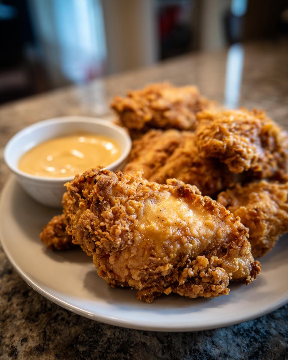Close-up of Hähnchen mit Brezelkruste und Honig-Senf-Sauce on a plate, showing the crispy pretzel crust and dipping sauce.