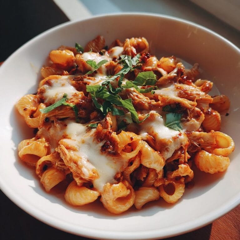 A bowl of Hähnchen-Mozzarella-Pasta, featuring pasta, chicken, mozzarella, and fresh basil.
