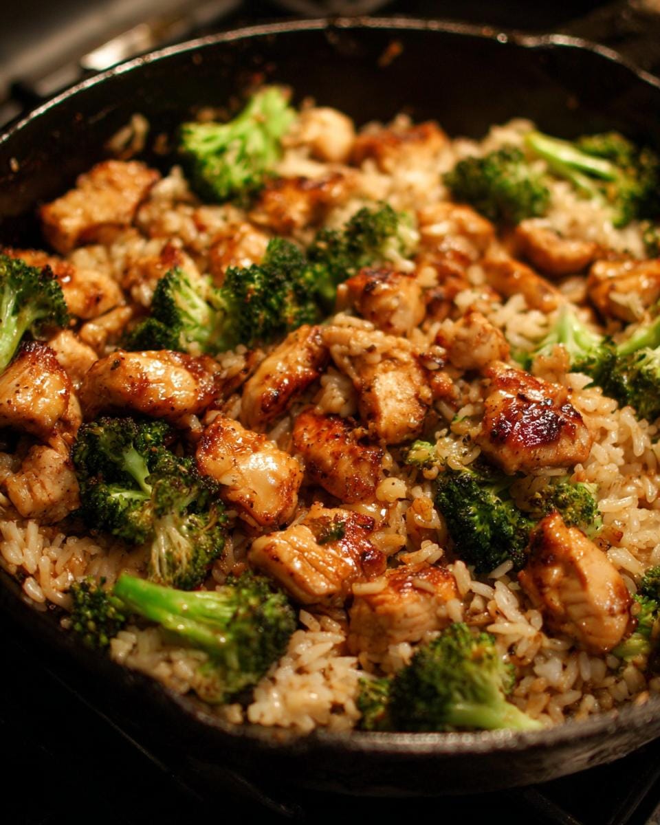 Nahaufnahme einer Hähnchen-Reis-Pfanne mit Brokkoli, serviert in einer gusseisernen Pfanne.
