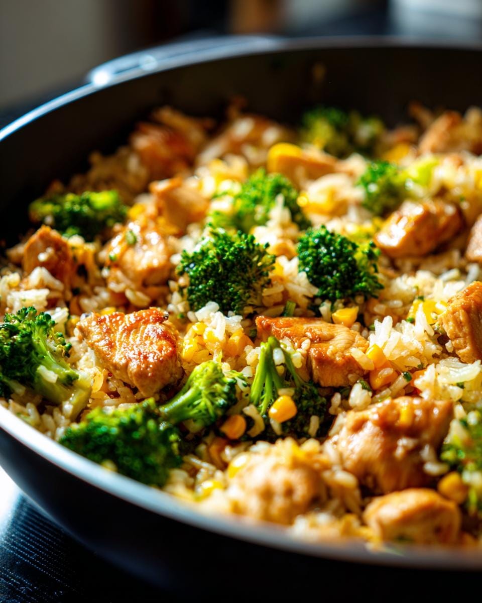 Close-up of Hähnchen-Reis-Pfanne mit Brokkoli und Mais in a pan, featuring chicken, rice, broccoli, and corn.