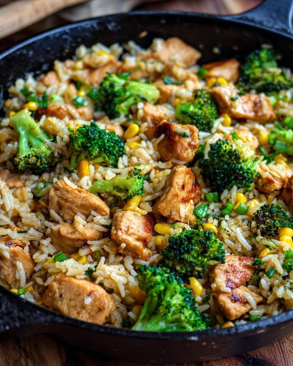Nahaufnahme einer Hähnchen-Reis-Pfanne mit Brokkoli und Mais in einer schwarzen Pfanne.