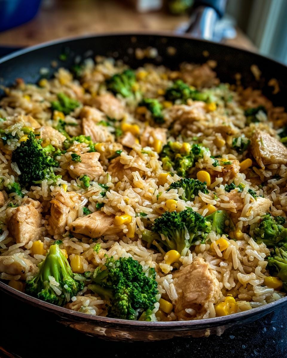 Close-up of Hähnchen-Reis-Pfanne mit Brokkoli und Mais in a pan, featuring chicken, rice, broccoli, and corn.