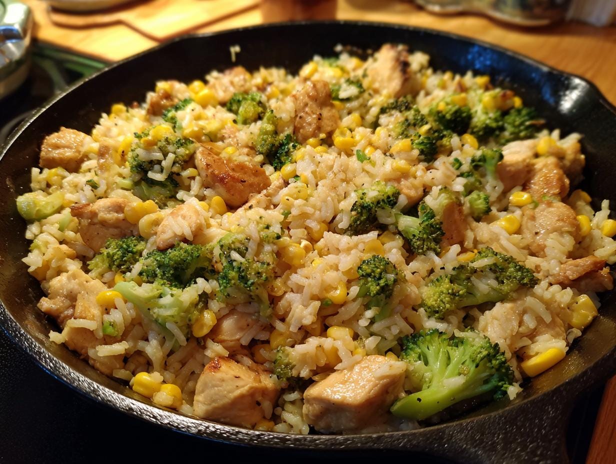 Hähnchen-Reis-Pfanne mit Brokkoli und Mais in einer gusseisernen Pfanne. Nahaufnahme der Mahlzeit.