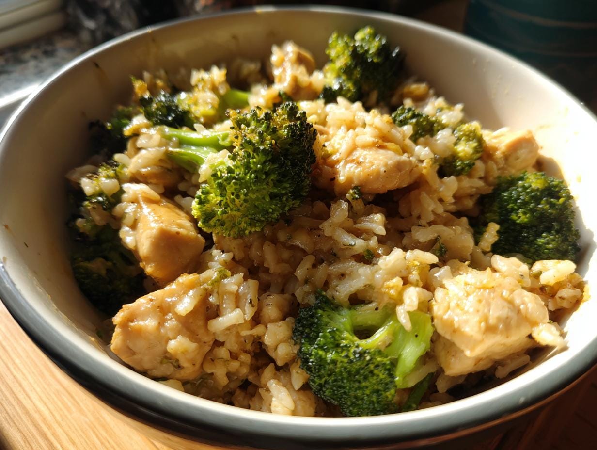 Close-up einer Hähnchen-Reis-Pfanne mit Brokkoli in einer Schüssel, bereit zum Servieren.