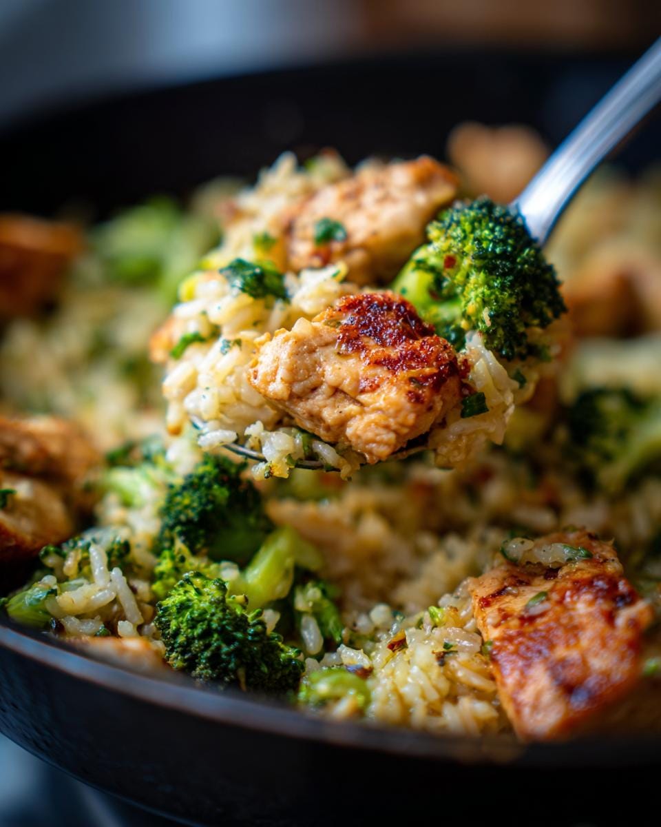 Nahaufnahme einer Hähnchen-Reis-Pfanne mit Brokkoli auf einem Löffel, servierfertig.