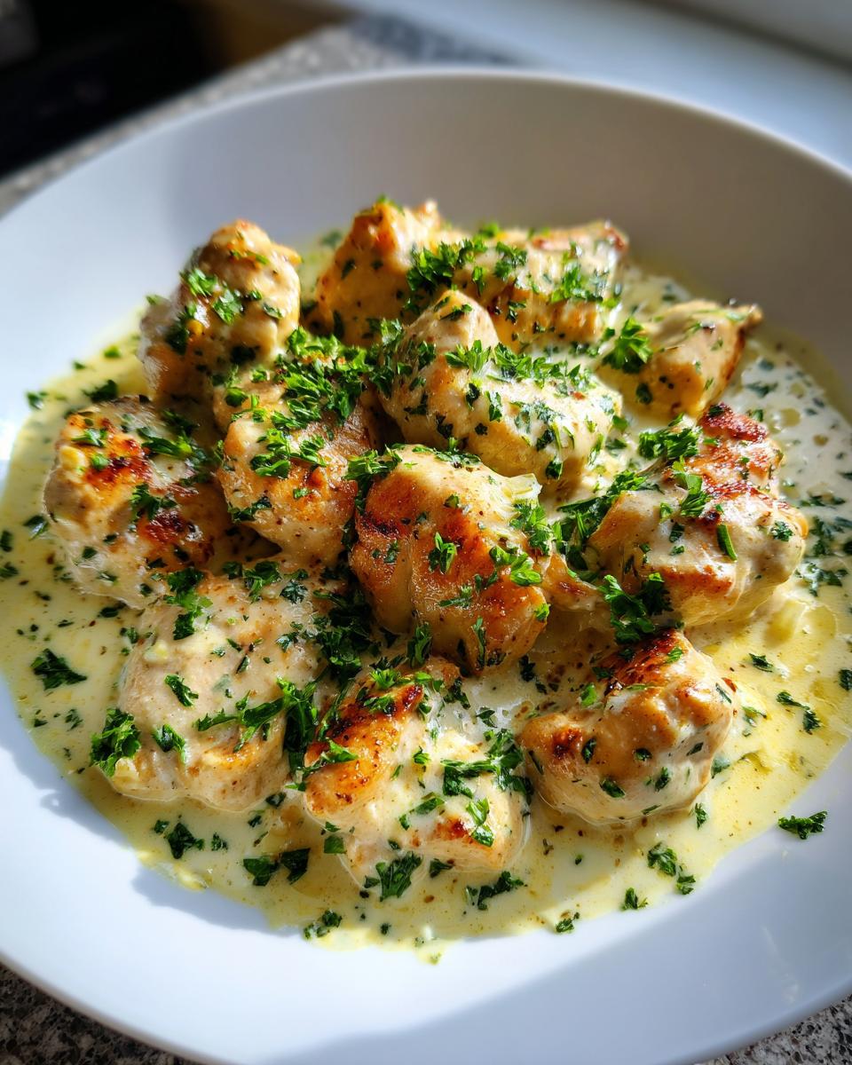 Close-up of Hähnchenfilet in cremiger Knoblauchsauce, a quick German dish, garnished with fresh parsley.