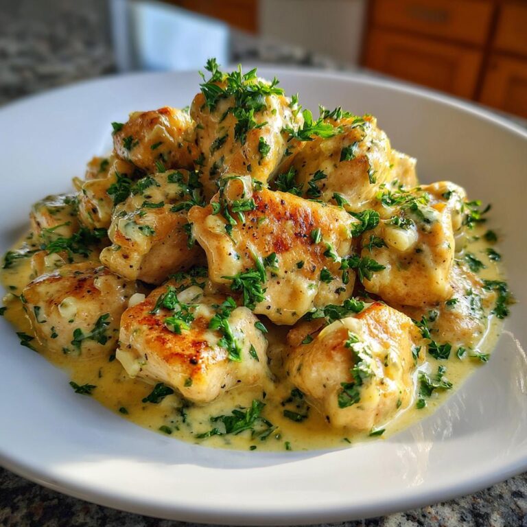 Close-up of Hähnchenfilet in cremiger Knoblauchsauce, garnished with fresh parsley on a white plate.