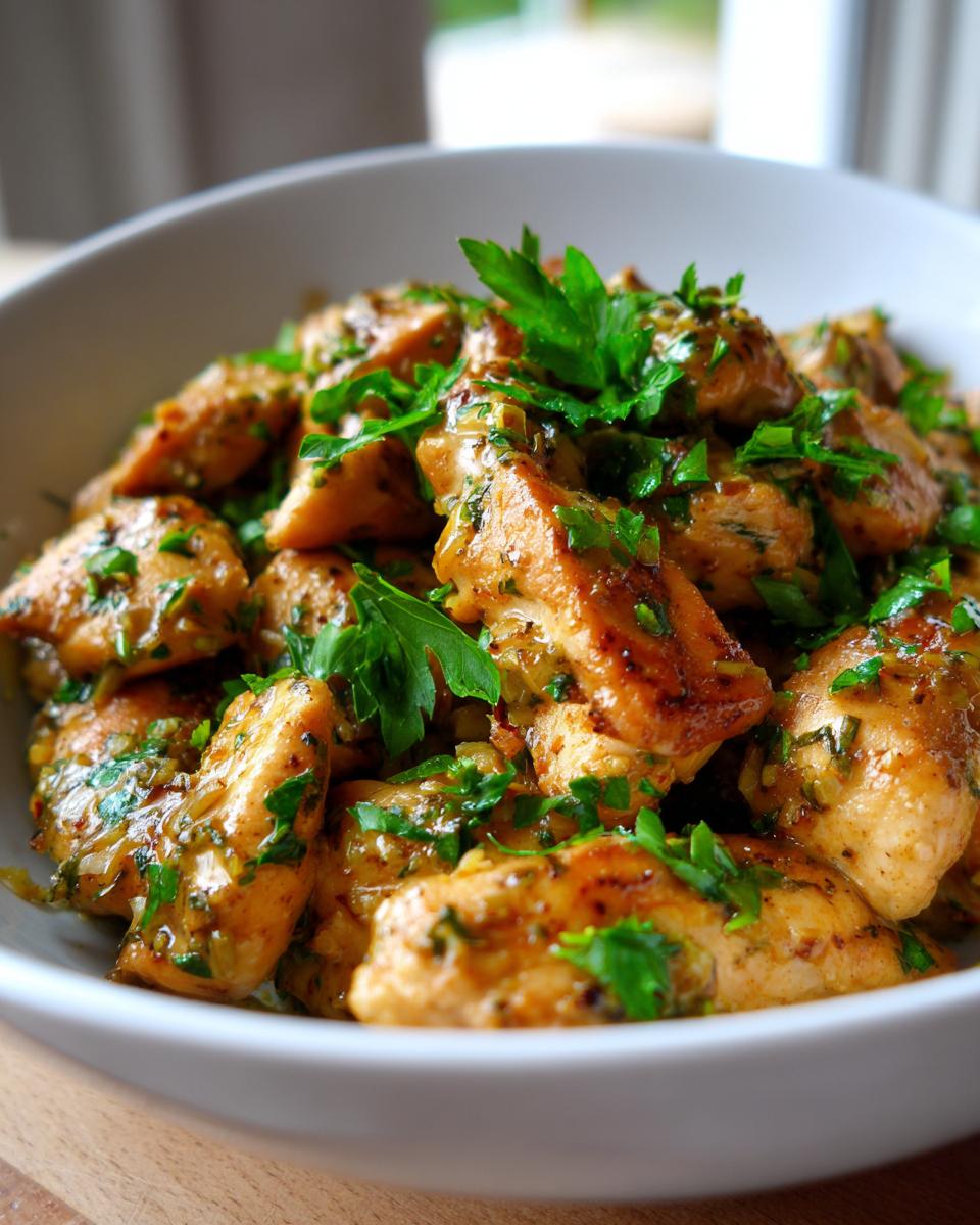 Close-up of Hähnchenfilet in cremiger Knoblauchsauce begeistert jeden, garnished with fresh parsley in a white bowl.